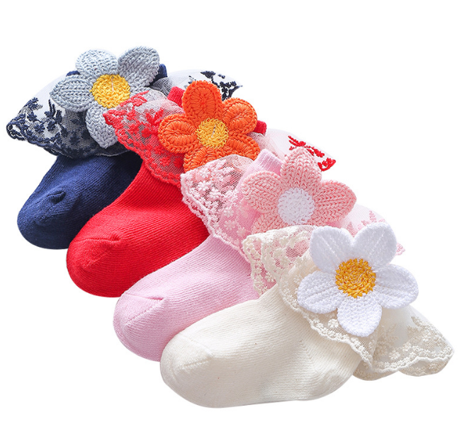 Lovely Flower Lace Trim Newborn Girl Socks